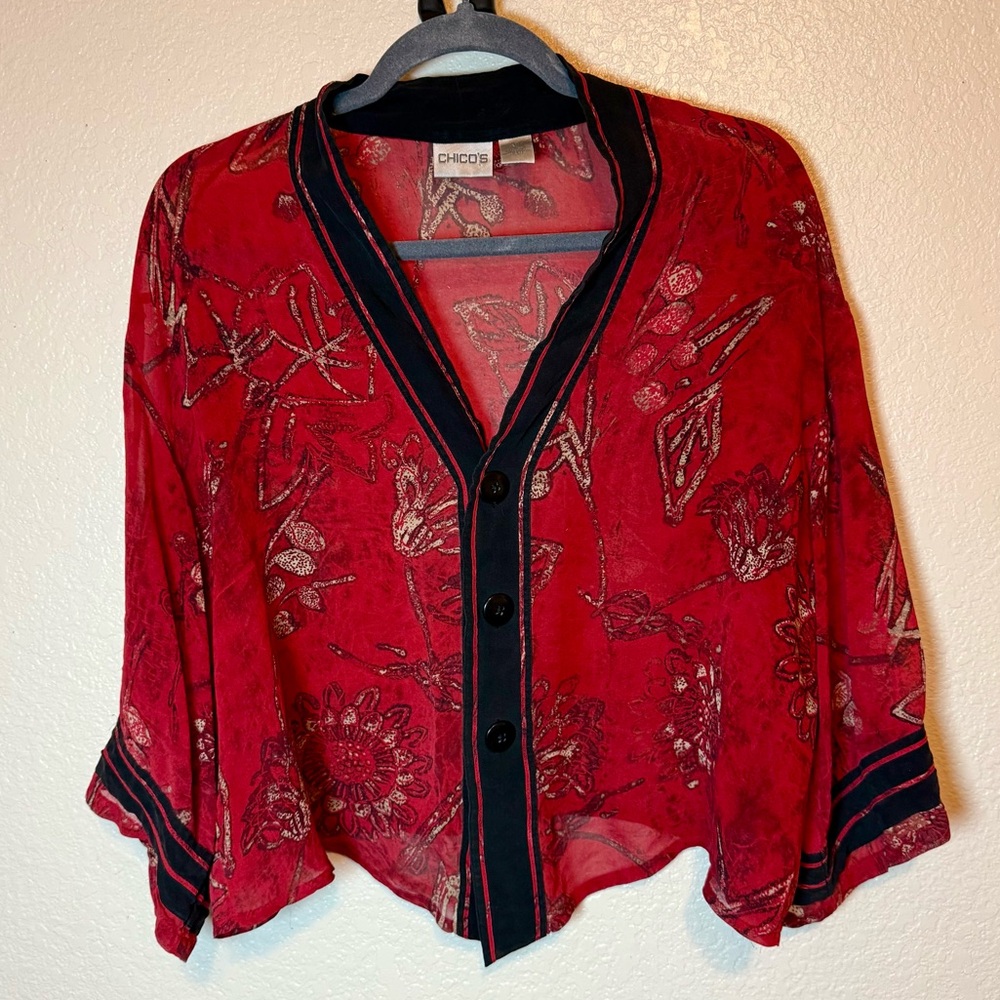 Chico’s Sheer Silk Shrunken Kimono Top Jacket Shacket Red Black Size Medium - Picture 11 of 14